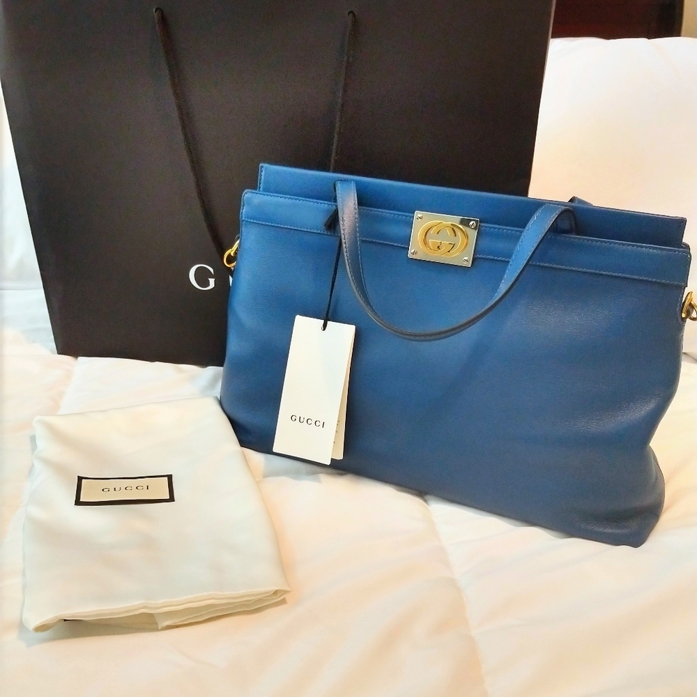 NWT GUCCI Matisse GG top handle leather shoulder bag, rare Cobalt Blue color